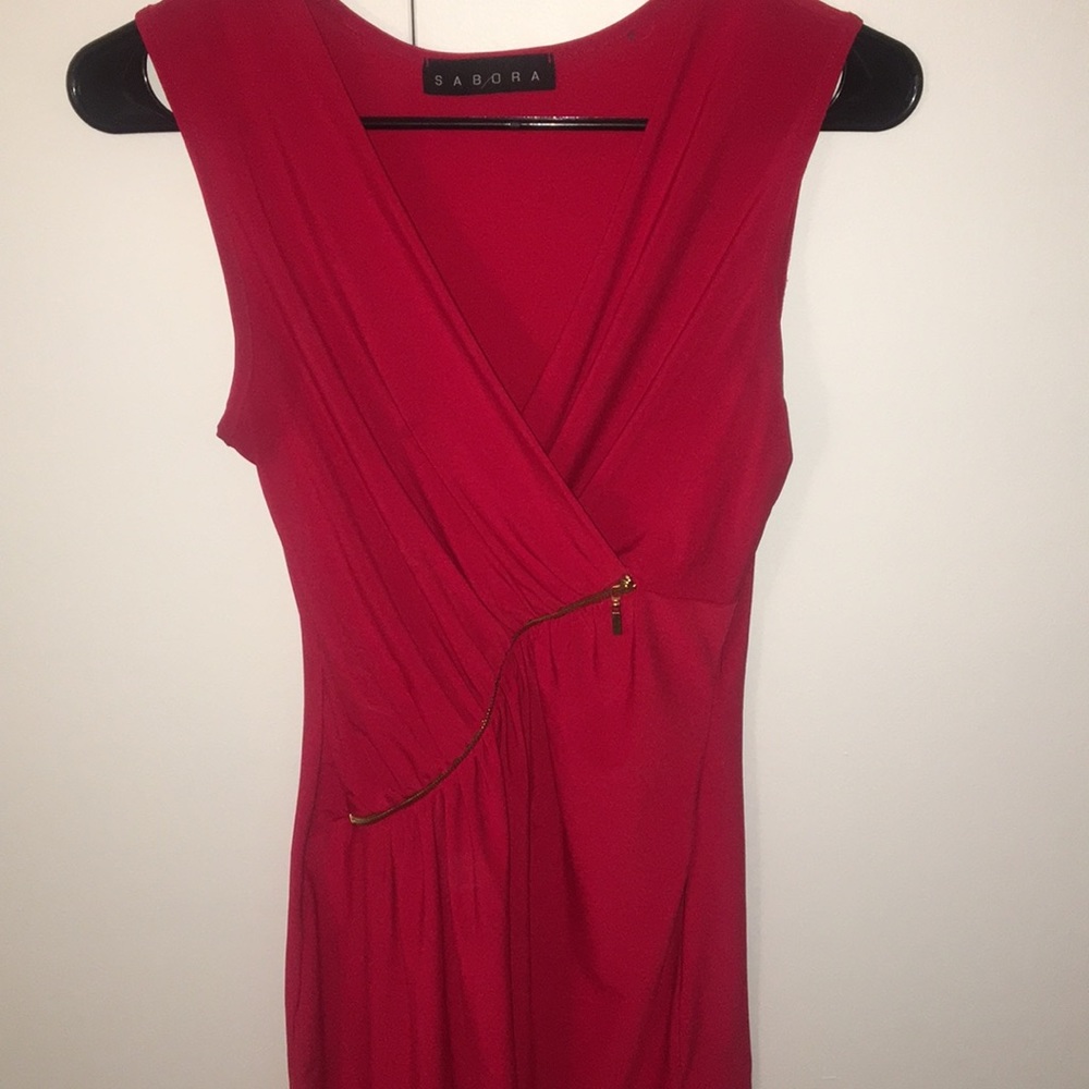 Short red dress with gold zipper